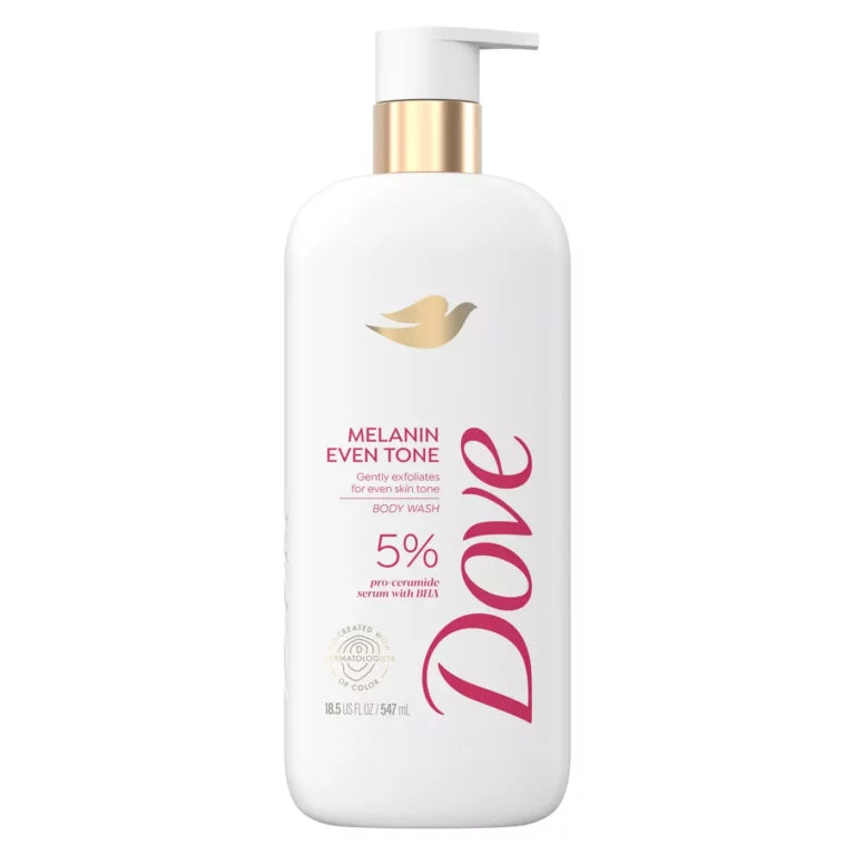 Dove Melanin Even Tone Body Wash 547ml white and gold pump bottle — 5% Pro-Ceramide Serum with BHA created with dermatologists of colour for even skin tone on melanin-rich skin