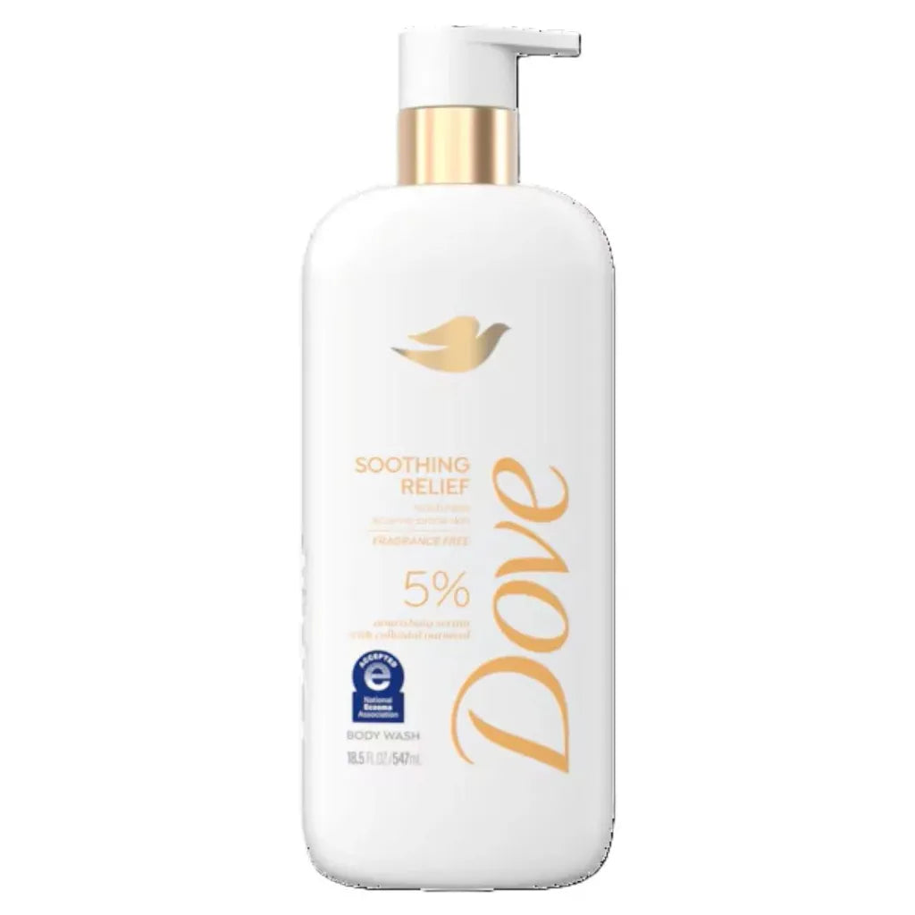 Dove Soothing Relief Body Wash 547ml white and gold pump bottle — fragrance-free, NEA accepted body wash with 5% Colloidal Oatmeal Serum for eczema-prone and sensitive skin