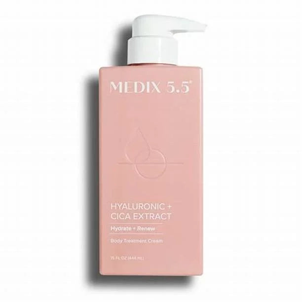 Medix 5.5 Hyaluronic Acid + Cica Extract Body Treatment Cream 444ml blush-pink pump bottle — pH-balanced body cream with Hyaluronic Acid and Cica for deep hydration and skin renewal