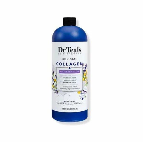 Dr Teal's Collagen Milk Bath 946ml bottle — restorative skin therapy soak with Collagen, Coconut Milk, Almond Milk, Valerian Root and Passionflower Essential Oils for nourished skin and peaceful sleep