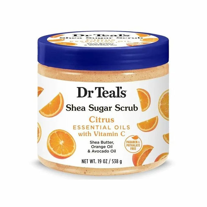 Dr Teal's Shea Sugar Scrub Citrus with Vitamin C 538g jar — brightening body scrub with Shea Butter, Orange Oil, Avocado Oil and Vitamin C for smooth, nourished and bright body skin