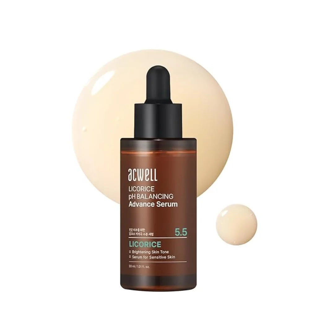 Acwell Licorice pH Balancing Advance Serum 30ml amber dropper bottle — K-beauty brightening serum with Licorice Extract at pH 5.5 to even skin tone and fade dark spots for sensitive skin