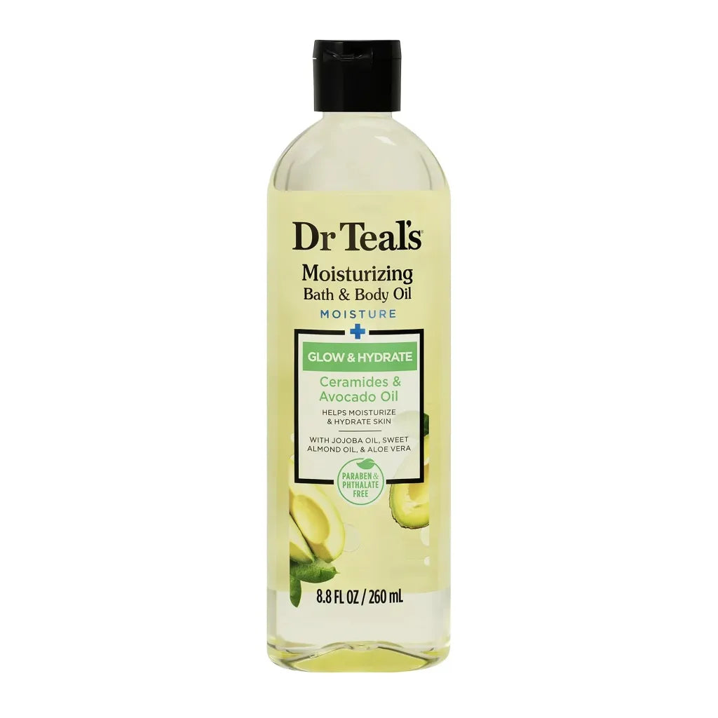 Dr Teal's Moisturizing Bath & Body Oil Glow & Hydrate 260ml bottle — multi-use moisturising oil with Ceramides, Avocado Oil, Jojoba Oil, Sweet Almond Oil and Aloe Vera for glowing hydrated skin