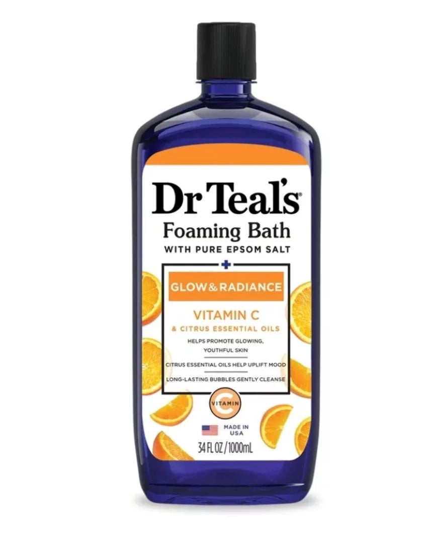 Dr Teal's Foaming Bath Glow & Radiance Vitamin C 1000ml blue bottle — brightening Epsom Salt bath soak with Vitamin C and Citrus Essential Oils for glowing youthful skin and uplifted mood