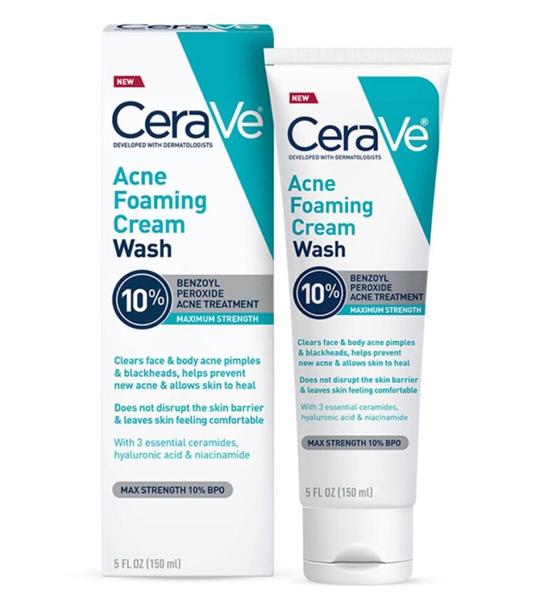 CeraVe Acne Foaming Cream Wash 150ml tube and box — maximum strength 10% Benzoyl Peroxide with 3 Ceramides, Niacinamide and Hyaluronic Acid for face and body acne treatment