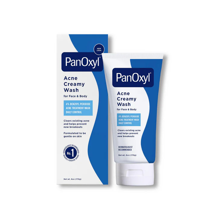 PanOxyl Acne Creamy Wash 4% Benzoyl Peroxide 170g — gentle daily-control acne treatment wash for face and body that clears breakouts and prevents new acne