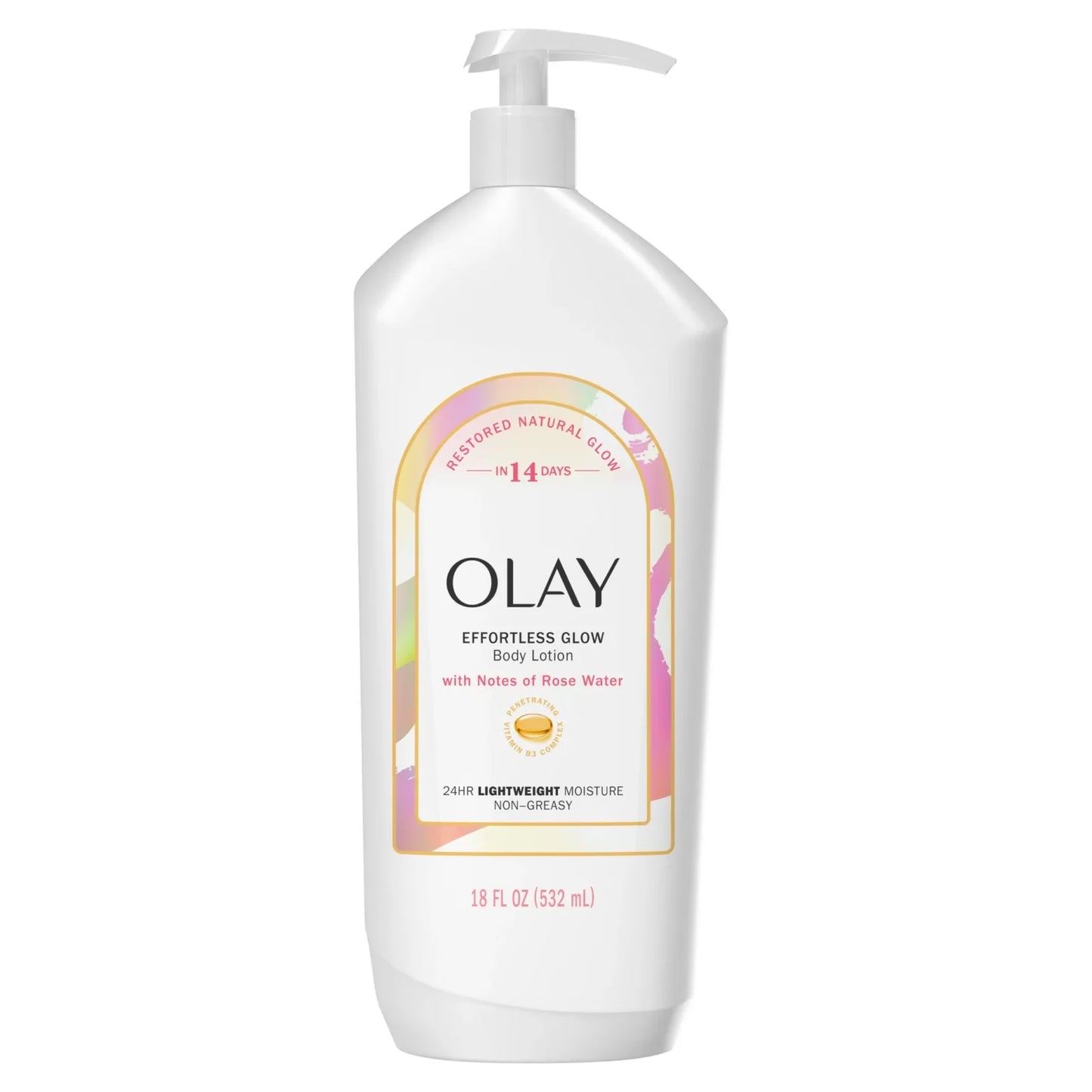 Olay Effortless Glow Body Lotion with Notes of Rose Water 532ml — 24HR non-greasy lightweight body moisturiser with Vitamin B3 Complex for restored natural glow in 14 days