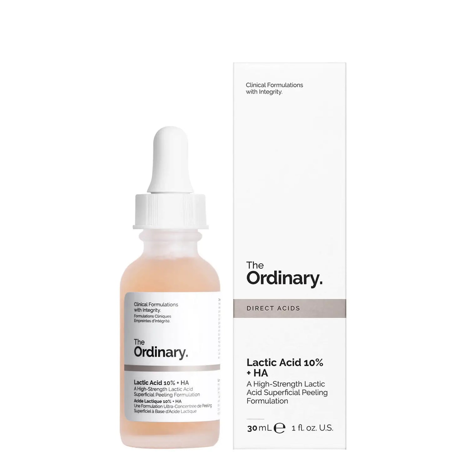 The Ordinary Lactic Acid 10% + HA 30ml — high-strength AHA lactic acid superficial peeling serum with hyaluronic acid for skin resurfacing, dark spot fading and radiance