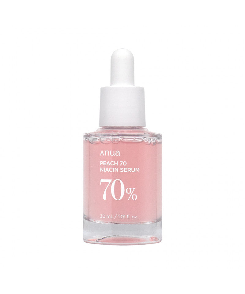 Anua Peach 70 Niacin Serum 30ml — Korean brightening face serum with 70% peach extract and niacinamide for hydration, even skin tone and luminous glass-skin glow