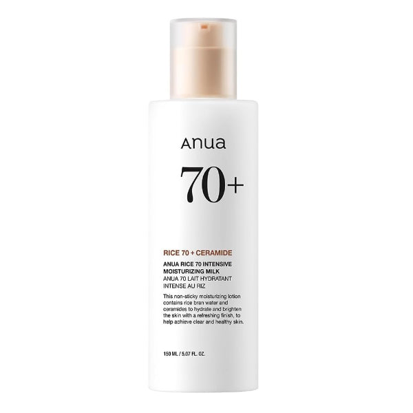 Anua Rice 70 Intensive Moisturizing Milk 150ml — lightweight Korean rice bran water and ceramide moisturiser for bright, clear and healthy-looking skin