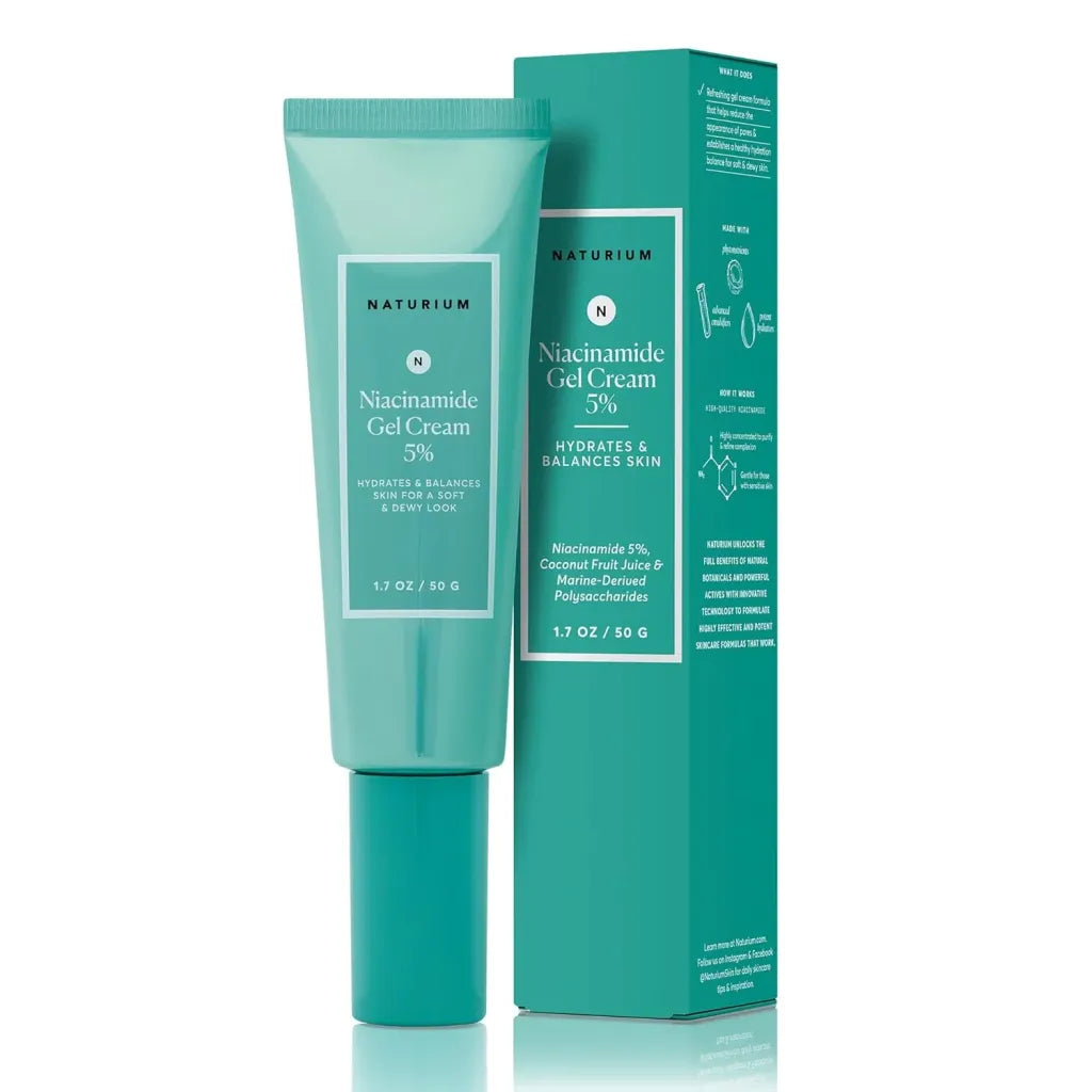 Naturium Niacinamide Gel Cream 5% 50g tube and box — refreshing gel-cream moisturiser with Niacinamide 5%, Coconut Fruit Juice and Marine Polysaccharides for hydrated, balanced and dewy skin