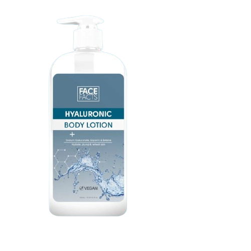Face Facts Hyaluronic Acid Body Lotion 400ml pump bottle — vegan plumping body lotion with Sodium Hyaluronate, Glycerin, and Betaine to hydrate and refresh all skin types
