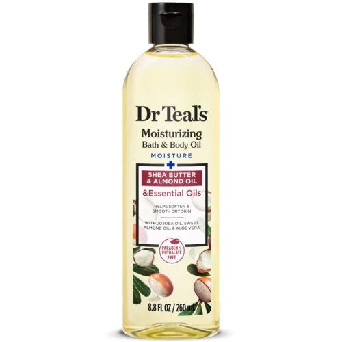 Dr Teal's Moisturizing Bath & Body Oil Shea Butter & Almond 260ml bottle — nourishing multi-use body oil with Shea Butter, Sweet Almond Oil, Jojoba Oil and Aloe Vera for soft smooth dry skin