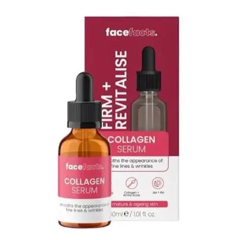 Face Facts Firm + Revitalise Collagen Serum 30ml dropper bottle and box — anti-ageing firming serum with Collagen and Amino Acids to smooth fine lines and wrinkles for mature and ageing skin