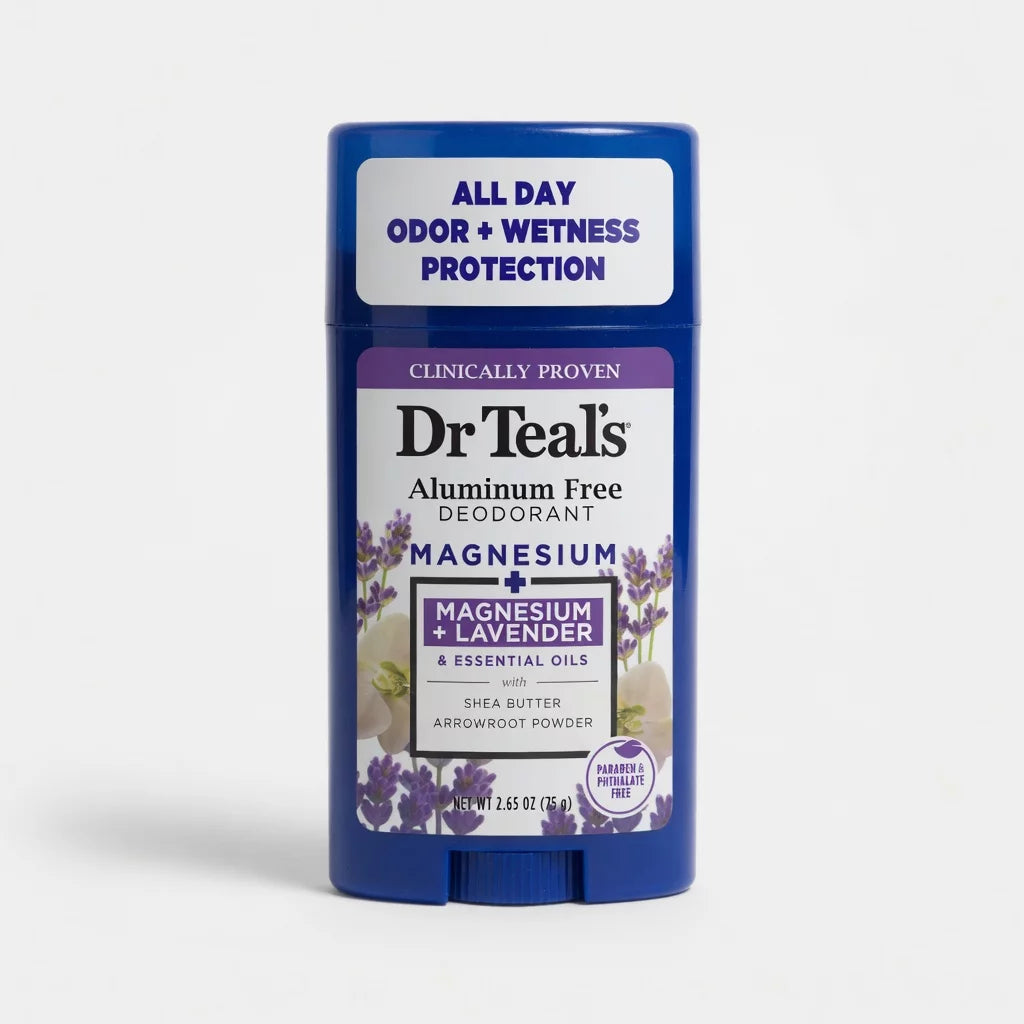 Dr Teal's Aluminum Free Deodorant Magnesium & Lavender 75g stick — clinically proven natural deodorant with Lavender Essential Oils, Shea Butter and Arrowroot Powder for all-day odour protection