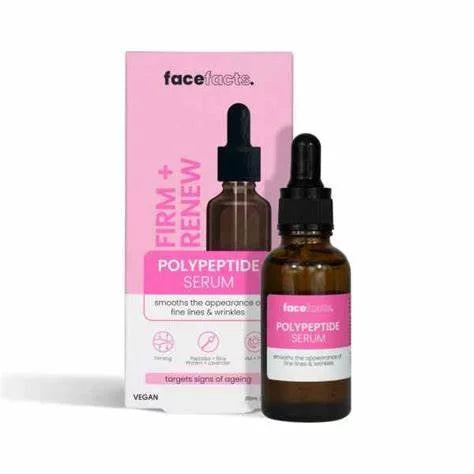 Face Facts Firm + Renew Polypeptide Serum 30ml dropper bottle and pink box — vegan firming anti-ageing serum with Polypeptides to smooth fine lines and wrinkles for all skin types