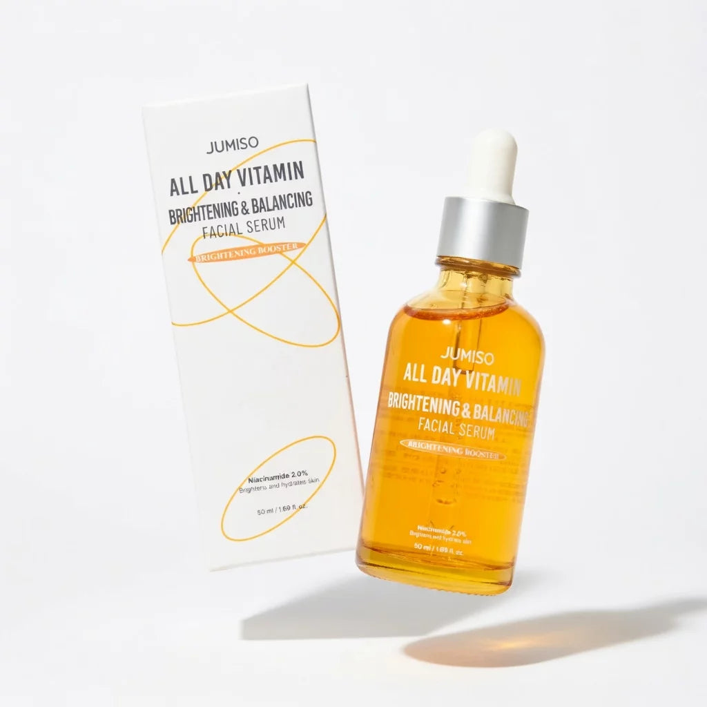 Jumiso All Day Vitamin Brightening & Balancing Facial Serum 50ml dropper bottle and box — K-Beauty brightening booster with Vitamin Complex and Niacinamide 2.0% for dull and uneven skin tone