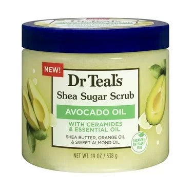 Dr Teal's Shea Sugar Scrub Avocado Oil with Ceramides 538g jar — deeply nourishing body scrub with Avocado Oil, Ceramides, Shea Butter, Orange Oil and Sweet Almond Oil for soft restored skin