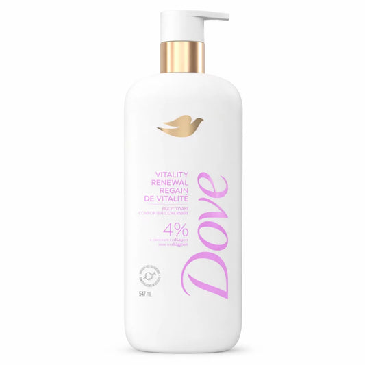 Dove Vitality Renewal Body Wash 547ml white and gold pump bottle — anti-ageing body wash with 4% Ceramide + Collagen Serum for restored skin vitality, firmness and comfort
