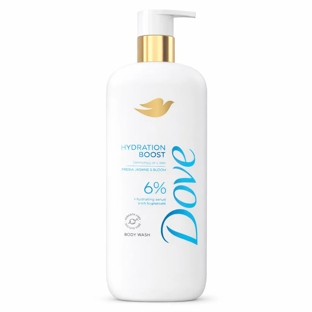 Dove Hydration Boost Body Wash white and gold pump bottle — 6% Hydrating Serum with Hyaluronate for dermatology dry skin, with Fresia Jasmine & Bloom scent, paraben and sulfate free
