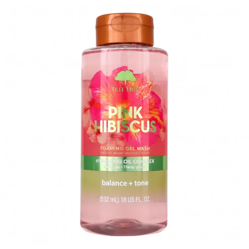 Tree Hut Pink Hibiscus Foaming Gel Wash 532ml bottle — hydrating body wash with Oil Complex, Pink Hibiscus and Ylang-Ylang for balanced, toned and softened skin
