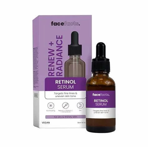 Face Facts Renew + Radiance Retinol & Vitamin C Illuminating Serum 30ml dropper bottle and box — vegan PM anti-ageing serum with Retinol, Vitamin C, and Almond Oil for dry and thirsty skin
