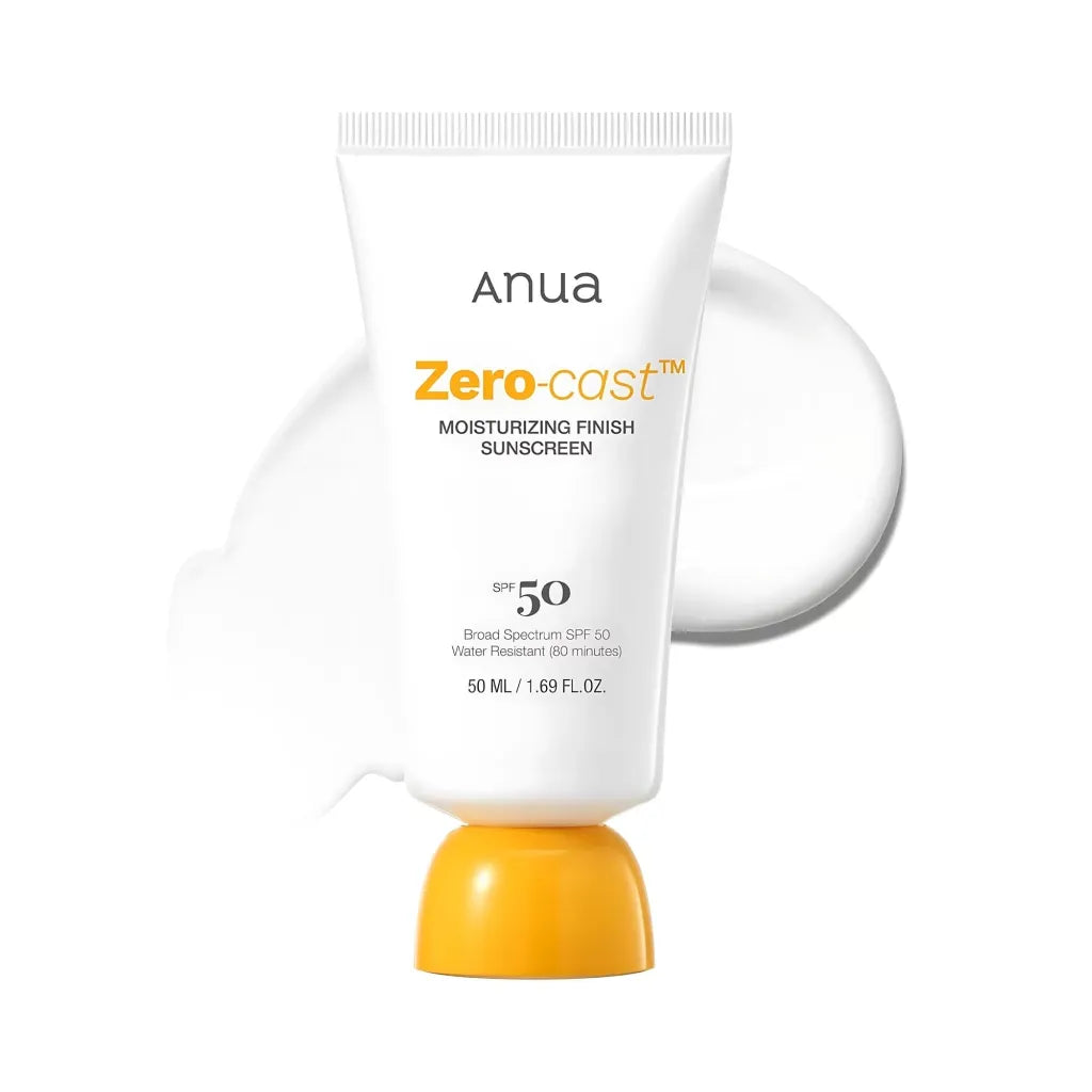 Anua Zero-cast Moisturizing Finish Sunscreen SPF50 50ml — Korean broad spectrum sunscreen with zero white cast, 80-minute water resistance and dewy moisturising finish for all skin tones
