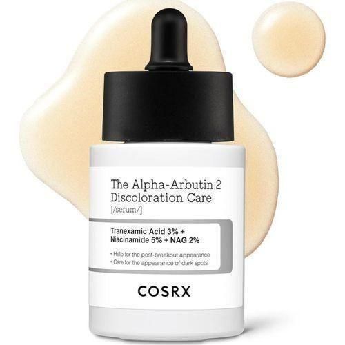 COSRX The Alpha-Arbutin 2 Discoloration Care Serum dropper bottle — K-Beauty triple-action brightening serum with Tranexamic Acid 3%, Niacinamide 5% and NAG 2% for post-breakout marks and dark spots
