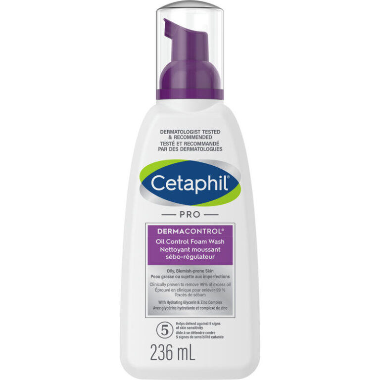 Cetaphil Pro DermaControl Oil Control Foam Wash 236ml pump bottle — dermatologist-recommended foaming cleanser with Glycerin and Zinc Complex clinically proven to remove 99% of excess oil from oily and blemish-prone skin
