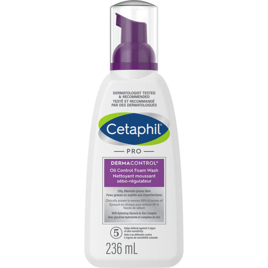 Cetaphil Pro DermaControl Oil Control Foam Wash 236ml pump bottle — dermatologist-recommended foaming cleanser with Glycerin and Zinc Complex clinically proven to remove 99% of excess oil from oily and blemish-prone skin
