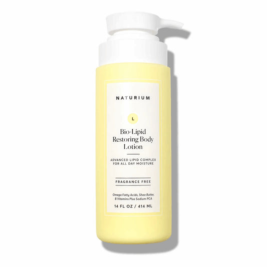 Naturium Bio-Lipid Restoring Body Lotion 414ml pump bottle — fragrance-free advanced lipid body moisturiser with Omega Fatty Acids, Shea Butter, B Vitamins and Sodium PCA for all-day hydration
