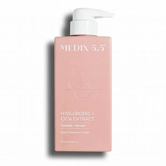 Medix 5.5 Hyaluronic Acid + Cica Extract Body Treatment Cream 444ml blush-pink pump bottle — pH-balanced body cream with Hyaluronic Acid and Cica for deep hydration and skin renewal

