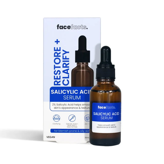 Face Facts Restore + Clarify 2% Salicylic Acid Serum 30ml dropper bottle and box — vegan clarifying BHA serum with Niacinamide and Aloe Vera for blemish-prone and oily skin
