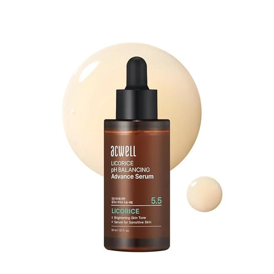 Acwell Licorice pH Balancing Advance Serum 30ml amber dropper bottle — K-beauty brightening serum with Licorice Extract at pH 5.5 to even skin tone and fade dark spots for sensitive skin

