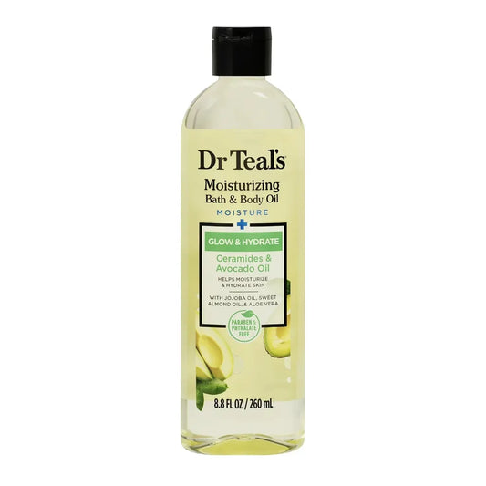 Dr Teal's Moisturizing Bath & Body Oil Glow & Hydrate 260ml bottle — multi-use moisturising oil with Ceramides, Avocado Oil, Jojoba Oil, Sweet Almond Oil and Aloe Vera for glowing hydrated skin
