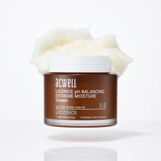 Acwell Licorice pH Balancing Extreme Moisture Cream in an amber jar with whipped white cream — K-beauty deep moisturiser with Licorice Extract and 10% Panthenol at pH 5.5 for sensitive skin
