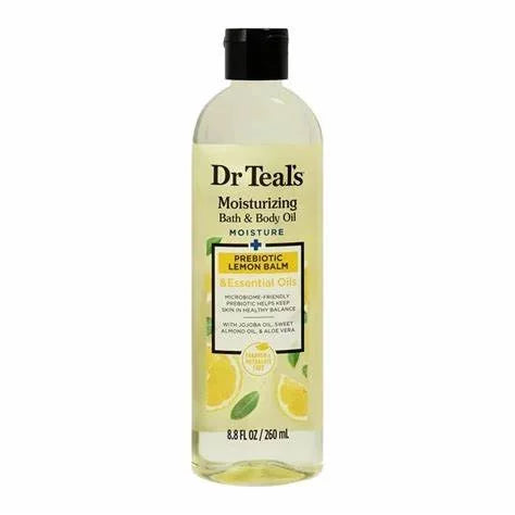 Dr Teal's Moisturizing Bath & Body Oil Prebiotic Lemon Balm 260ml bottle — microbiome-friendly moisturising oil with Prebiotic Lemon Balm, Jojoba Oil, Sweet Almond Oil and Aloe Vera
