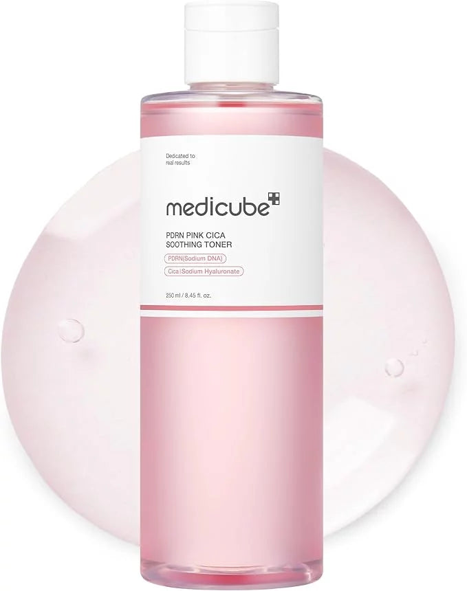 Medicube PDRN Pink Cica Soothing Toner 250ml — Korean calming toner with PDRN, Cica and Sodium Hyaluronate for skin repair, redness calming and deep hydration
