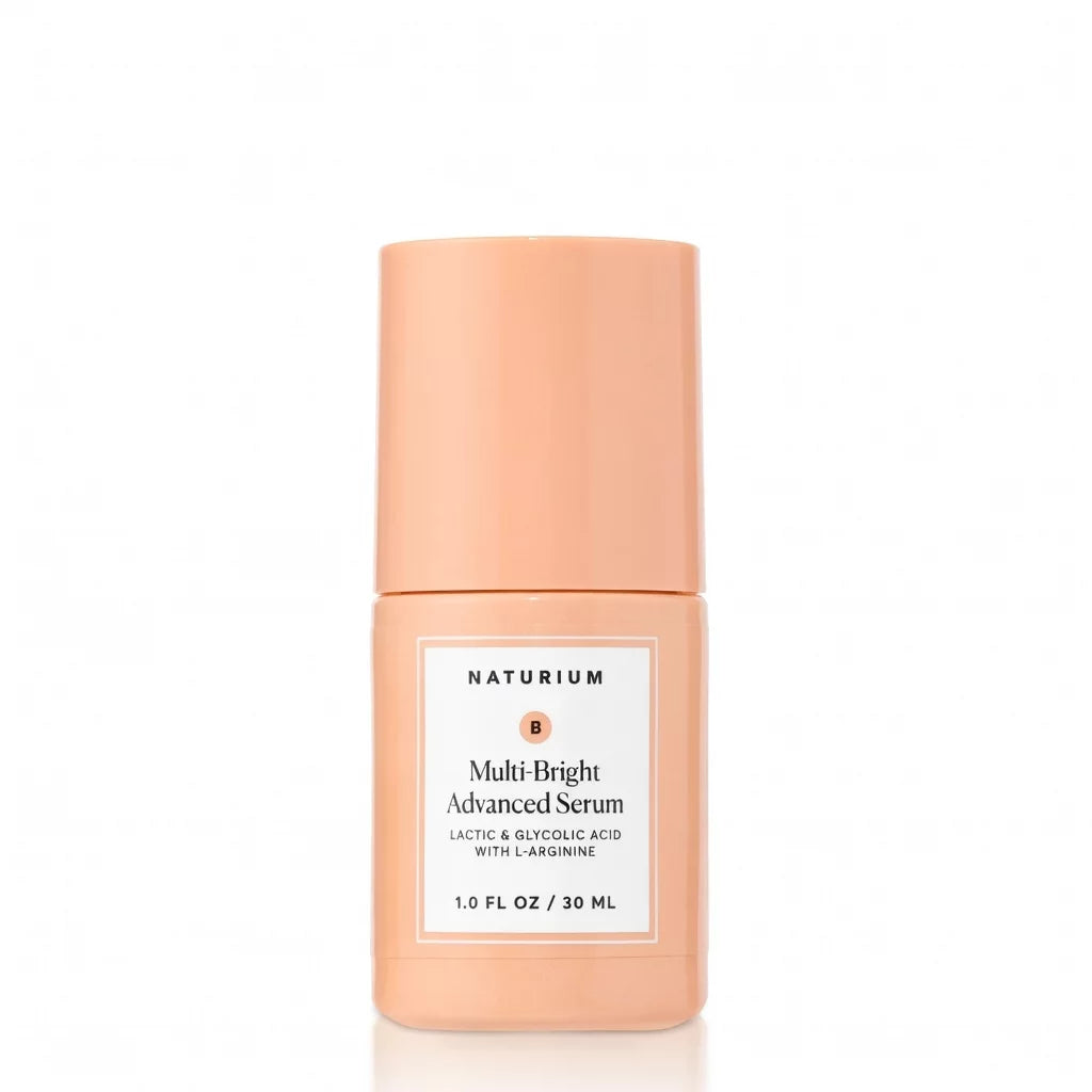 Naturium Multi-Bright Advanced Serum 30ml peach pump bottle — dual-AHA brightening serum with Lactic Acid, Glycolic Acid and L-Arginine for resurfaced, even-toned and radiant skin
