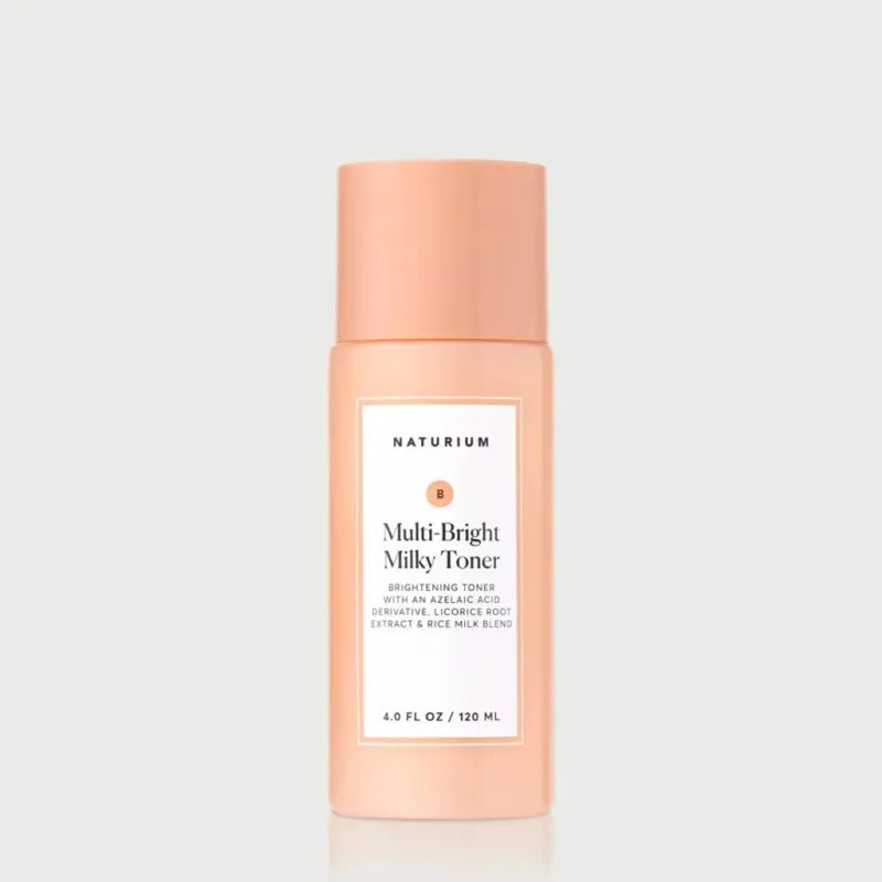 Naturium Multi-Bright Milky Toner 120ml peach bottle — brightening toner with Azelaic Acid Derivative, Licorice Root Extract and Rice Milk Blend for visibly brighter and even-toned skin