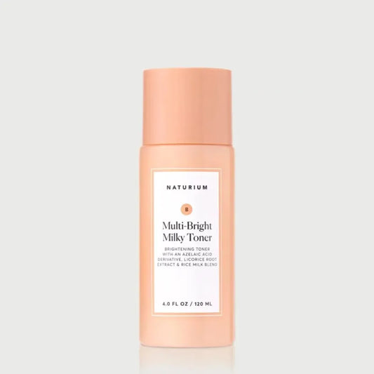 Naturium Multi-Bright Milky Toner 120ml peach bottle — brightening toner with Azelaic Acid Derivative, Licorice Root Extract and Rice Milk Blend for visibly brighter and even-toned skin