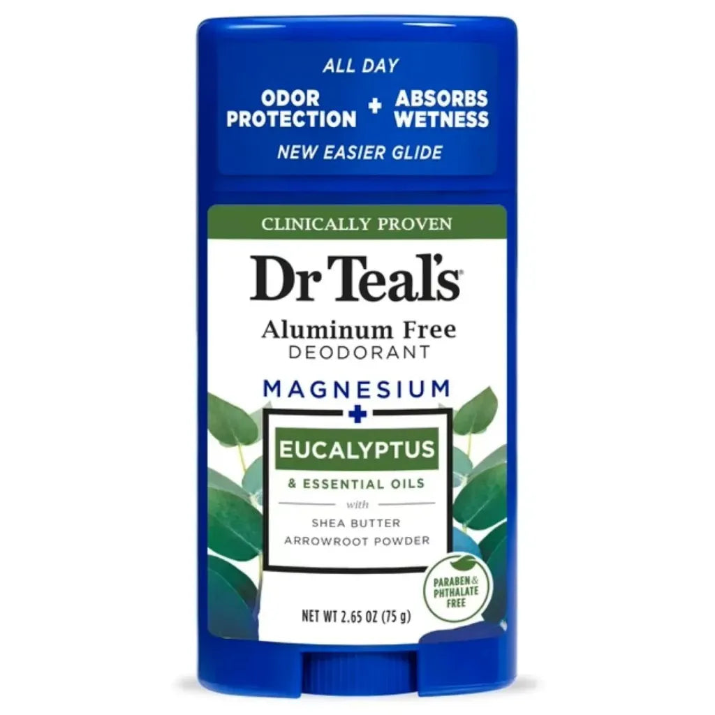 Dr Teal's Aluminum Free Deodorant Magnesium & Eucalyptus 75g stick — clinically proven natural deodorant with Eucalyptus Essential Oils, Shea Butter and Arrowroot Powder for all-day odour protection
