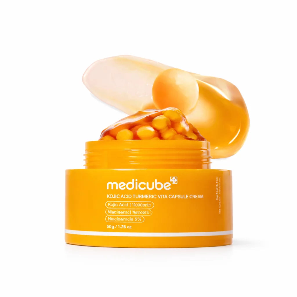 Medicube Kojic Acid Turmeric Vita Capsule Cream 50g — Korean brightening capsule moisturiser with Kojic Acid 10,000ppm and Niacinamide for dark spot fading and even skin tone