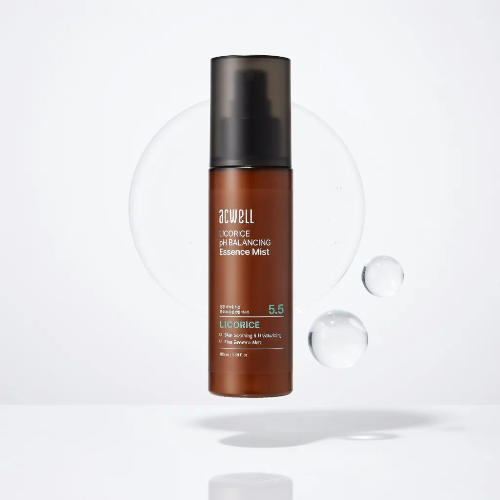 Acwell Licorice pH Balancing Essence Mist 100ml amber bottle with black spray cap — K-beauty fine-mist essence with Licorice Extract at pH 5.5 for soothing, moisturising, and brightening sensitive skin
