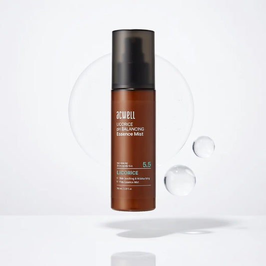 Acwell Licorice pH Balancing Essence Mist 100ml amber bottle with black spray cap — K-beauty fine-mist essence with Licorice Extract at pH 5.5 for soothing, moisturising, and brightening sensitive skin