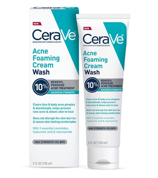 CeraVe Acne Foaming Cream Wash 150ml tube and box — maximum strength 10% Benzoyl Peroxide with 3 Ceramides, Niacinamide and Hyaluronic Acid for face and body acne treatment
