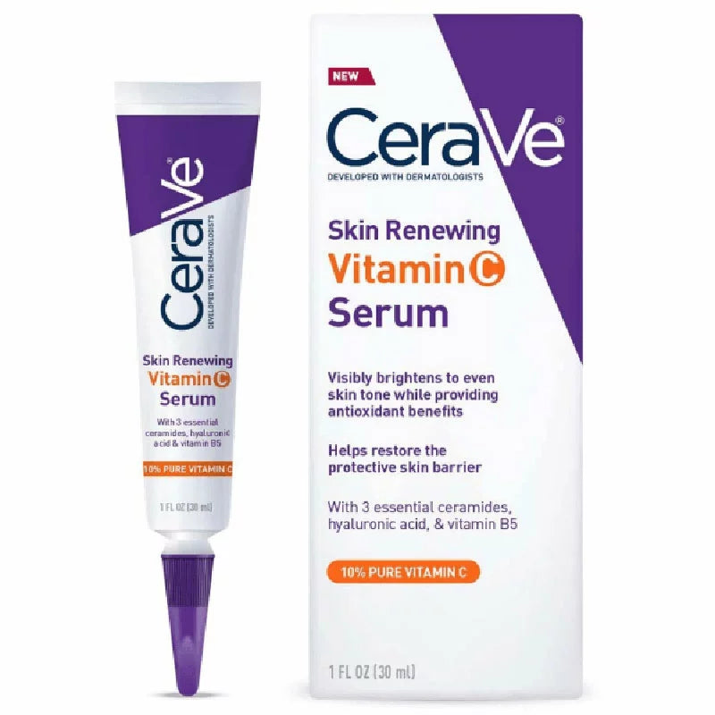 CeraVe Skin Renewing Vitamin C Serum 30ml tube and box — 10% Pure Vitamin C with 3 Ceramides, Hyaluronic Acid and Vitamin B5 for brightened, even skin tone and restored barrier