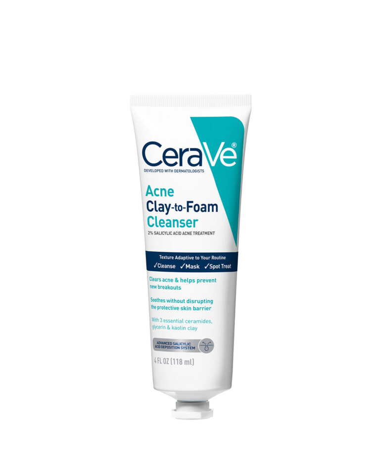 Shop CeraVe Acne Clay-to-Foam Cleanser at Fanlora — 2% Salicylic Acid with Kaolin Clay and Ceramides that works as a cleanser, mask or spot treatment for clear skin. 118ml.
