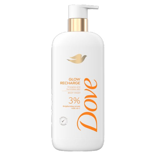 Dove Glow Recharge Body Wash white and gold premium pump bottle — clinically proven brightening body wash with 3% Vitamin C Brightening Serum that energises and illuminates dull body skin
