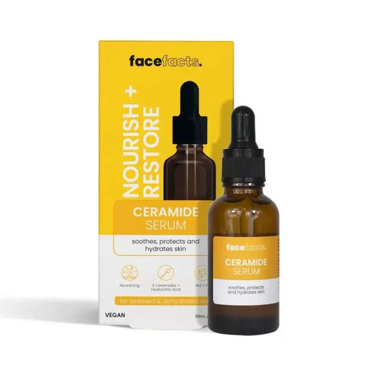 Face Facts Nourish + Restore Ceramide Serum 30ml dropper bottle and yellow box — vegan barrier-repair serum with 3 Ceramides, Hyaluronic Acid, and Pro-Vitamin B5 for stressed and dehydrated skin
